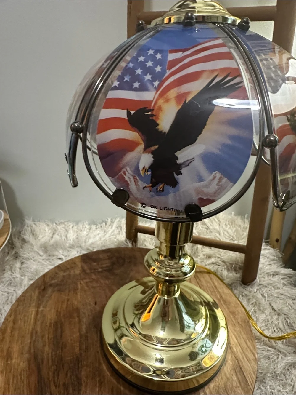 Vtg Patriotic Small Touch Lamp OK LIGHTING Bald Eagle Mountains American Flag